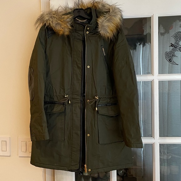 French connection szS pine green anorak w faux faux fur/leather trim - Picture 4 of 14